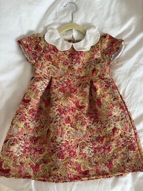 La Coqueta Floral Jacquard Dress with White Peter Pan Collar - Red